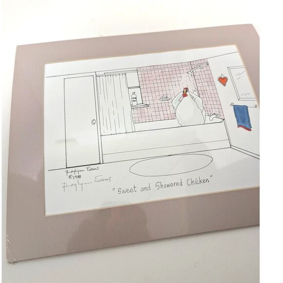 Vtg Roylynn Evans Sweet and Showered Chicken Signed Art Print 1988 Matted Sealed - Picture 2 of 10